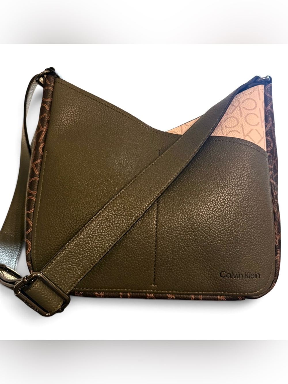 Calvin Klein Olive Green Pebbled Leather
Like Shoulder Bag Monogram Trim Adjust